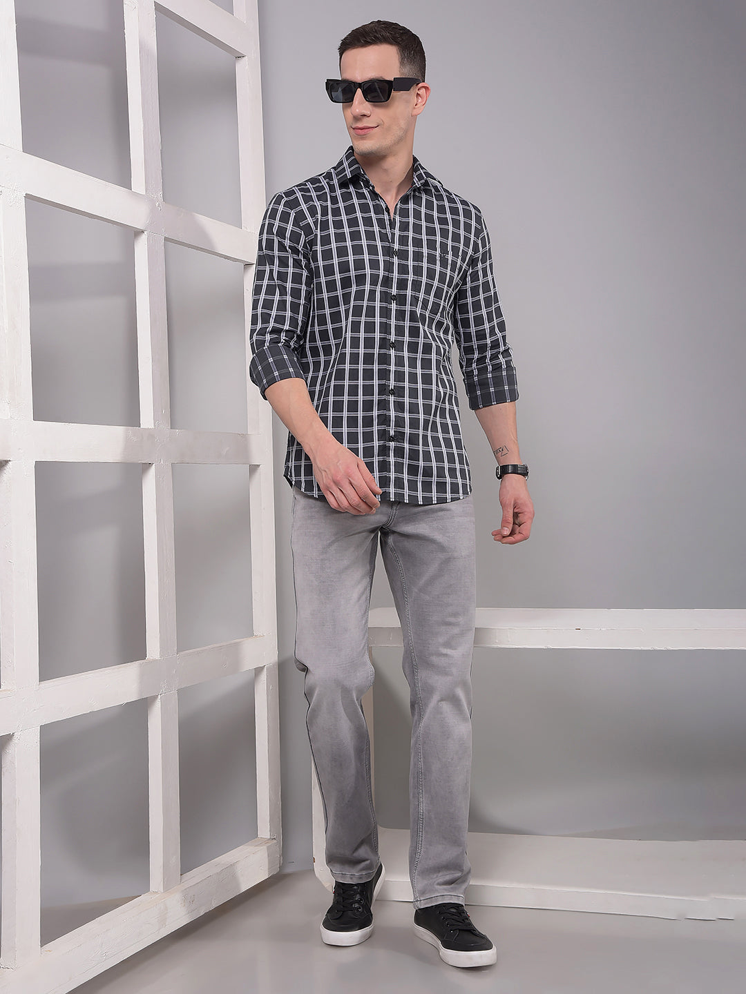 Grey Checked 100% Cotton Shirt-Men Shirts-Crimsoune Club