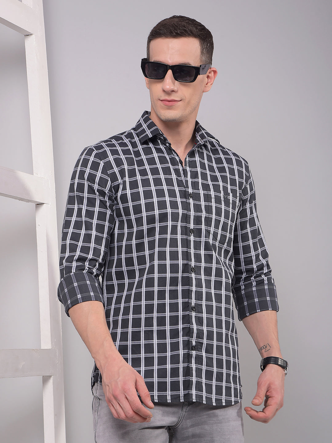 Grey Checked 100% Cotton Shirt-Men Shirts-Crimsoune Club