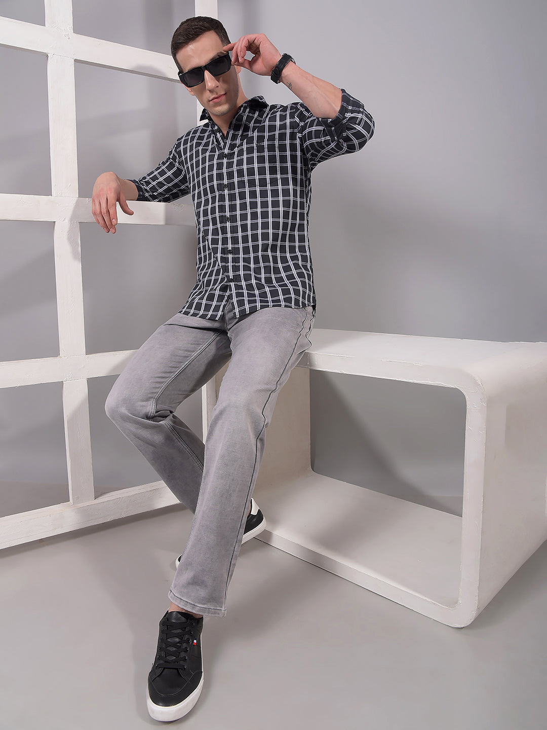 Grey Checked 100% Cotton Shirt-Men Shirts-Crimsoune Club