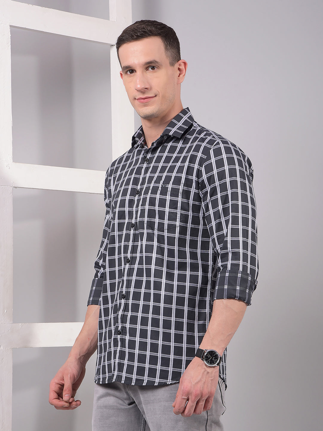 Grey Checked 100% Cotton Shirt-Men Shirts-Crimsoune Club