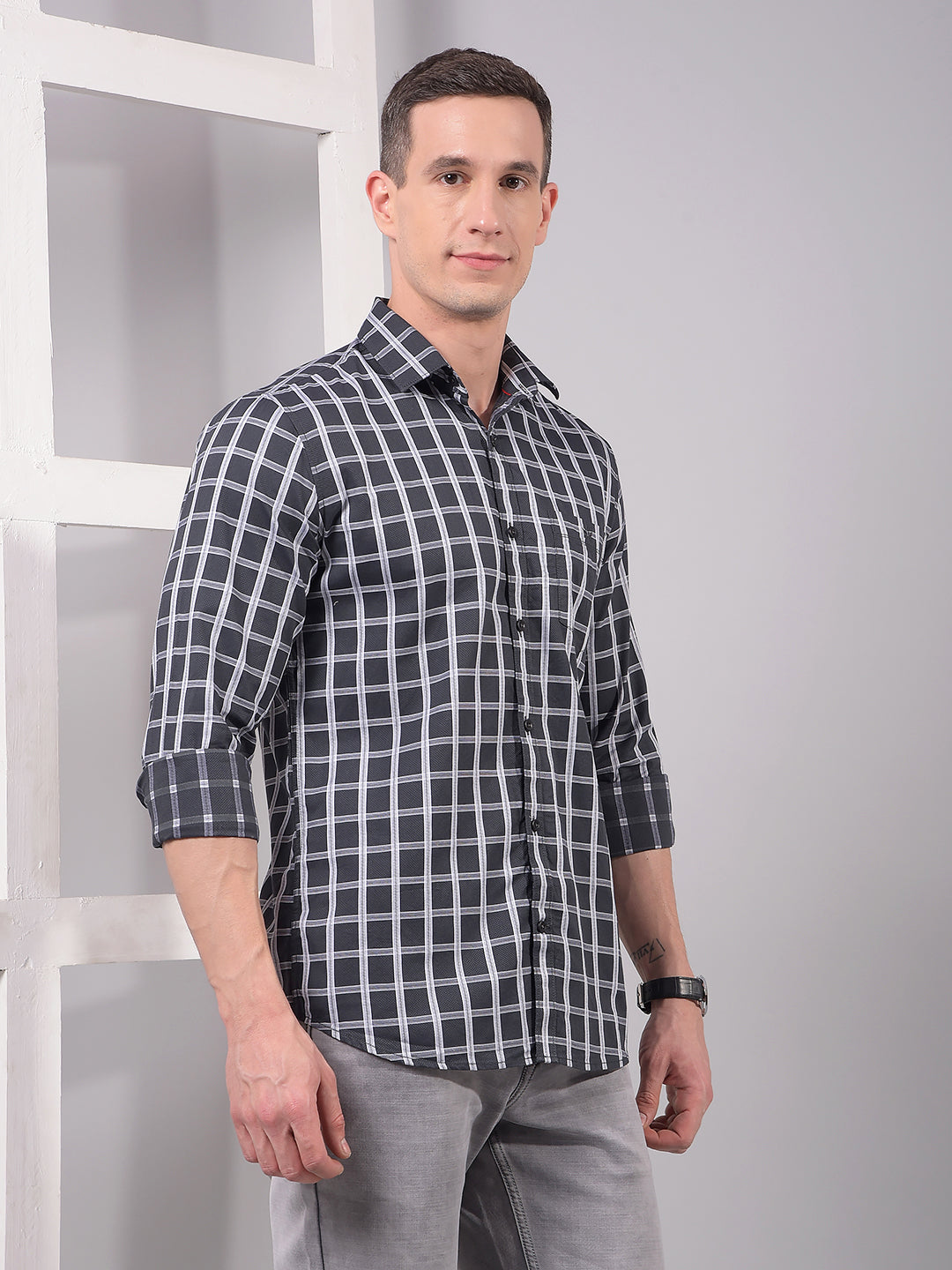 Grey Checked 100% Cotton Shirt-Men Shirts-Crimsoune Club
