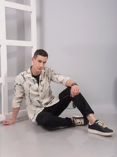 Cream Printed Linen Shirt-Men Shirts-Crimsoune Club