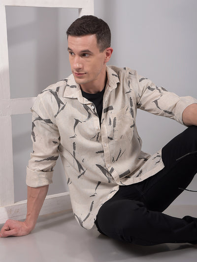 Cream Printed Linen Shirt-Men Shirts-Crimsoune Club
