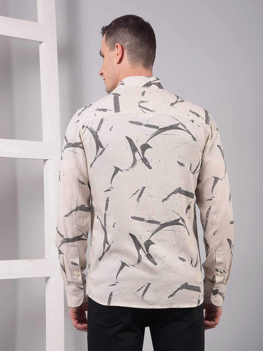 Cream Printed Linen Shirt-Men Shirts-Crimsoune Club