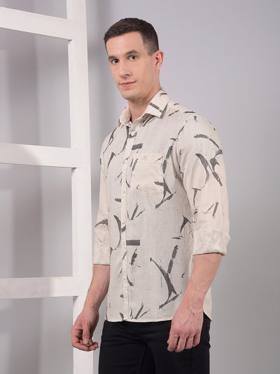 Cream Printed Linen Shirt-Men Shirts-Crimsoune Club