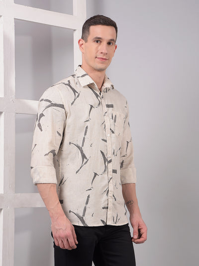 Cream Printed Linen Shirt-Men Shirts-Crimsoune Club