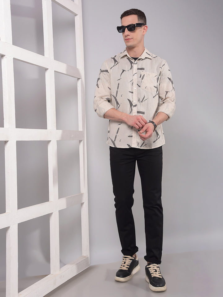 Cream Printed Linen Shirt-Men Shirts-Crimsoune Club