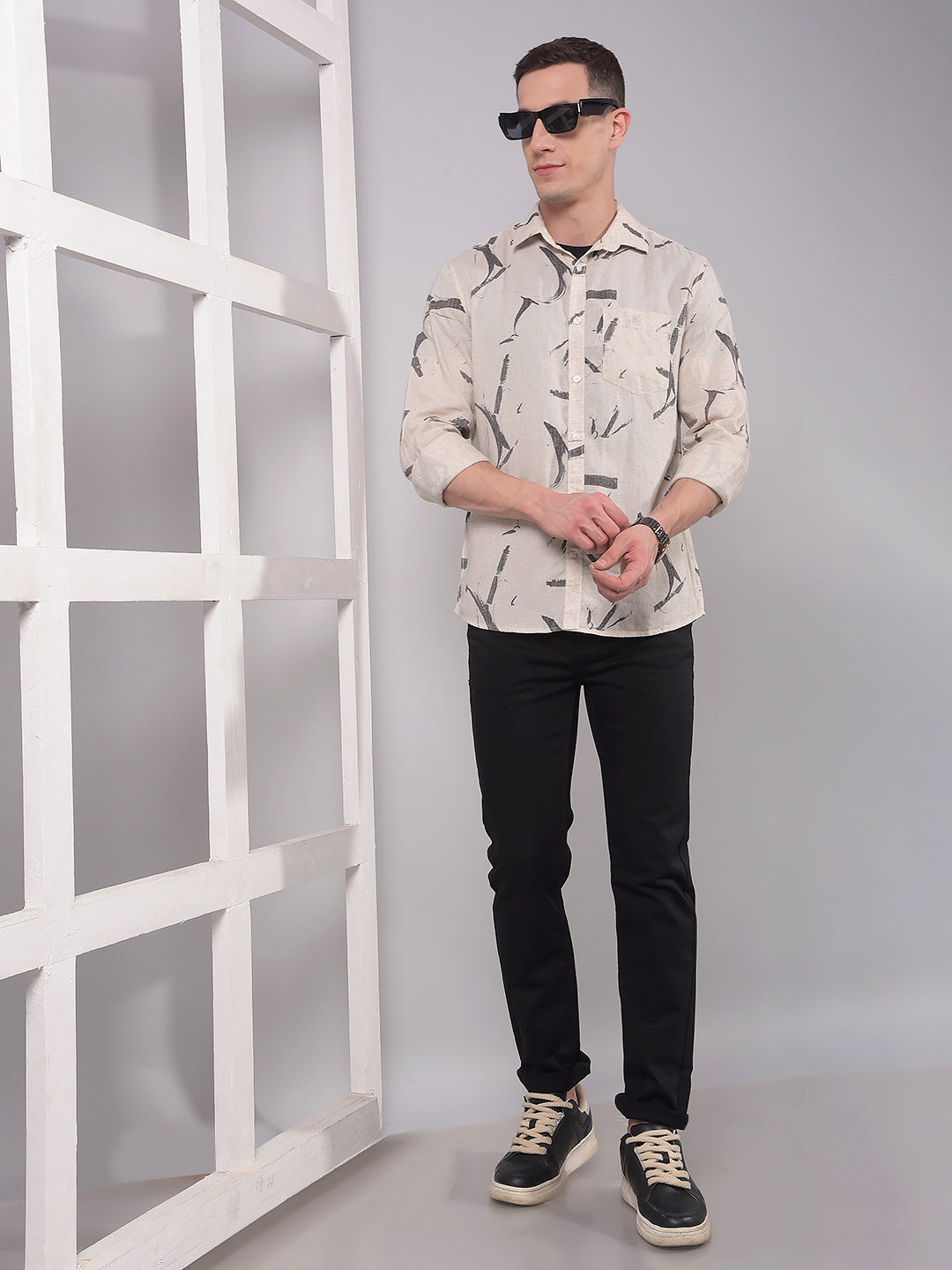 Cream Printed Linen Shirt-Men Shirts-Crimsoune Club