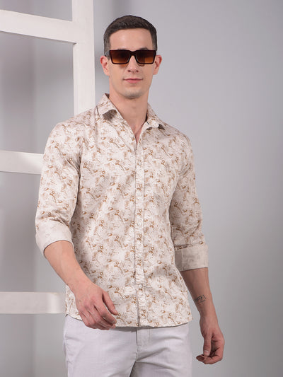 Beige Printed 100% Cotton Shirt-Men Shirts-Crimsoune Club