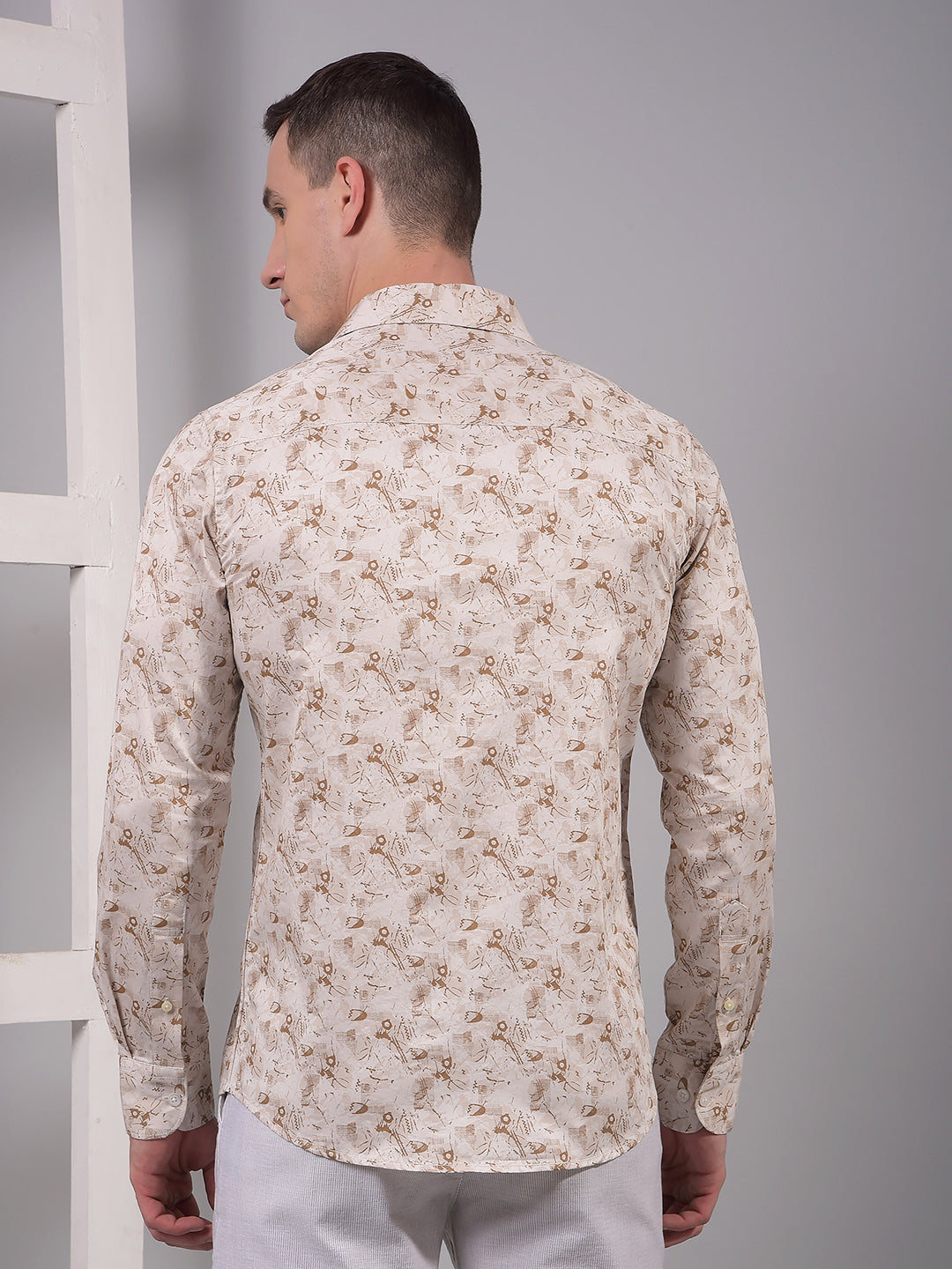Beige Printed 100% Cotton Shirt-Men Shirts-Crimsoune Club