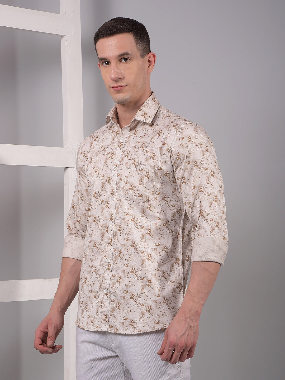 Beige Printed 100% Cotton Shirt-Men Shirts-Crimsoune Club