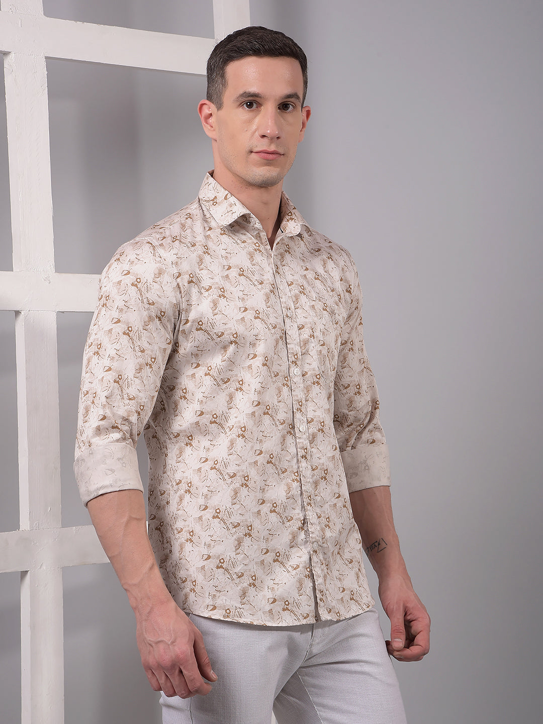 Beige Printed 100% Cotton Shirt-Men Shirts-Crimsoune Club