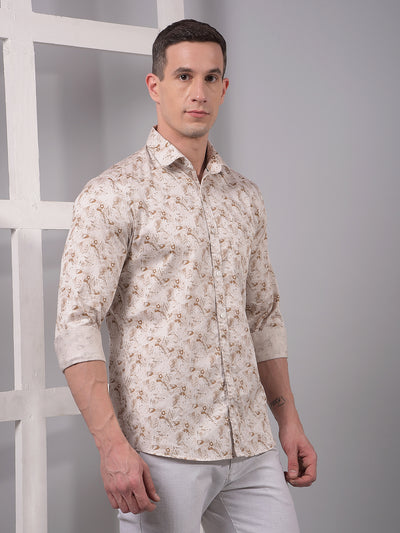 Beige Printed 100% Cotton Shirt-Men Shirts-Crimsoune Club