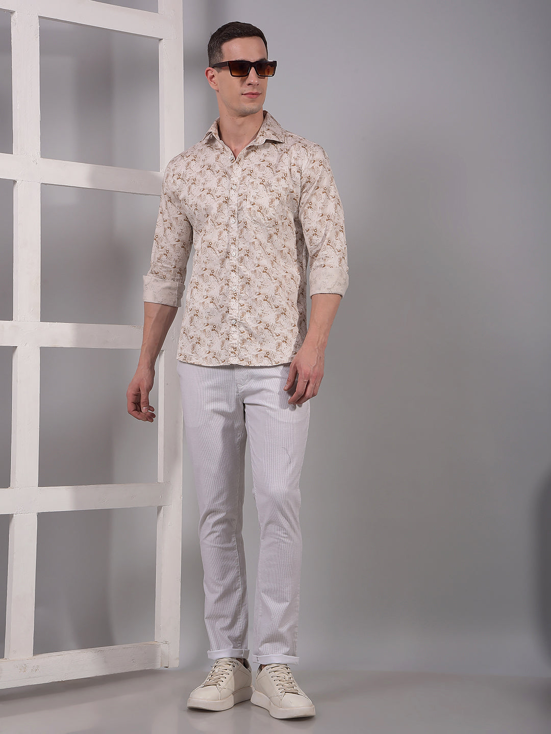 Beige Printed 100% Cotton Shirt-Men Shirts-Crimsoune Club