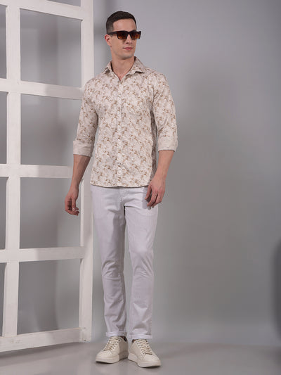 Beige Printed 100% Cotton Shirt-Men Shirts-Crimsoune Club