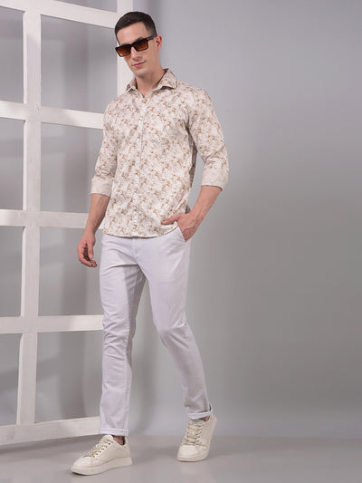 Beige Printed 100% Cotton Shirt-Men Shirts-Crimsoune Club