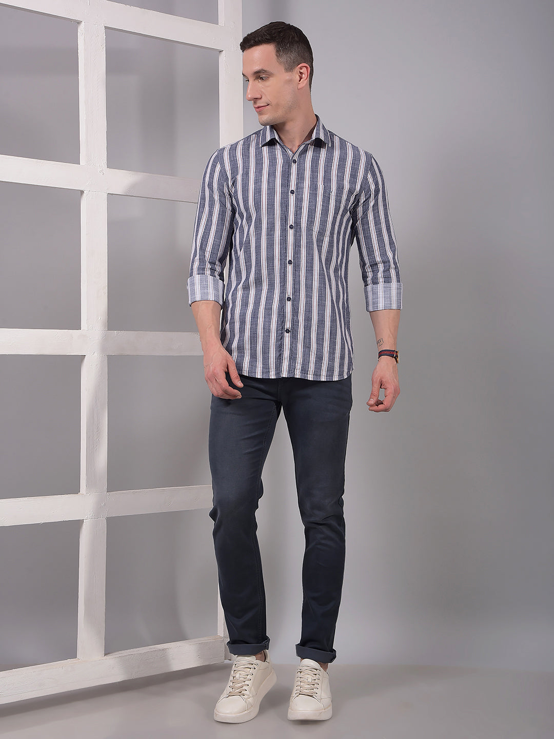 Blue Vertical Stripes 100% Cotton Shirt-Men Shirts-Crimsoune Club
