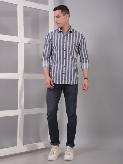 Blue Vertical Stripes 100% Cotton Shirt-Men Shirts-Crimsoune Club