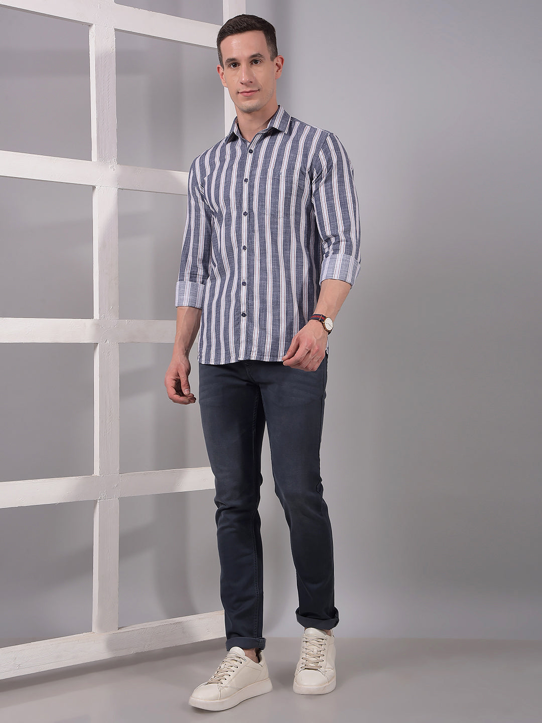 Blue Vertical Stripes 100% Cotton Shirt-Men Shirts-Crimsoune Club