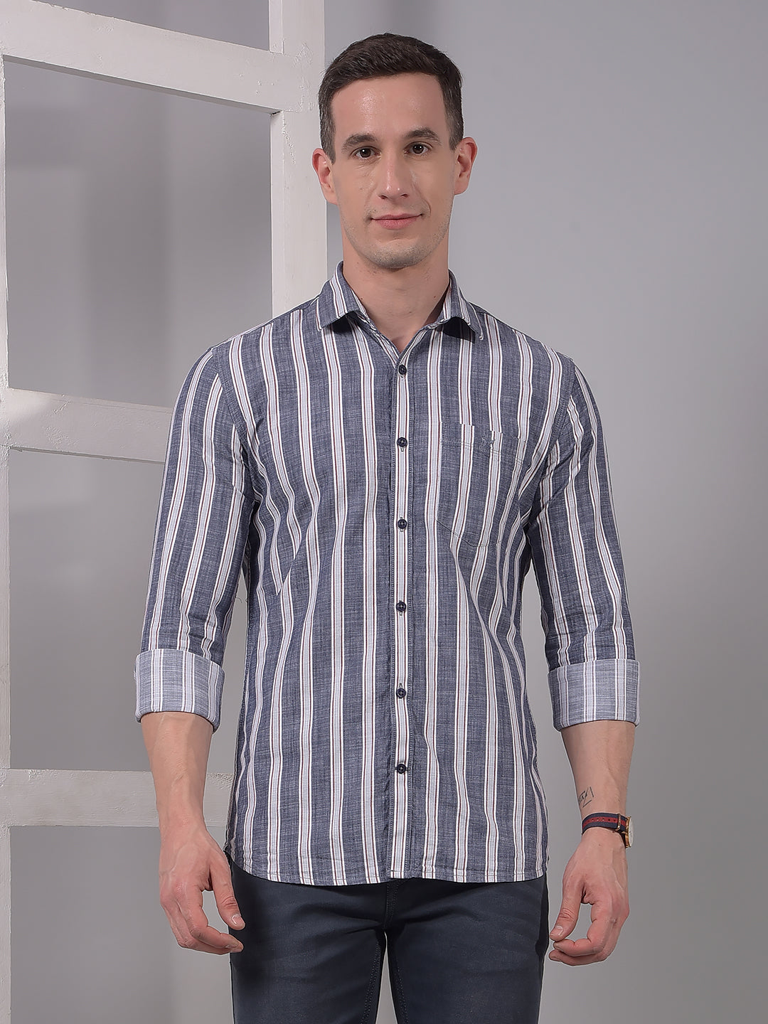 Blue Vertical Stripes 100% Cotton Shirt-Men Shirts-Crimsoune Club