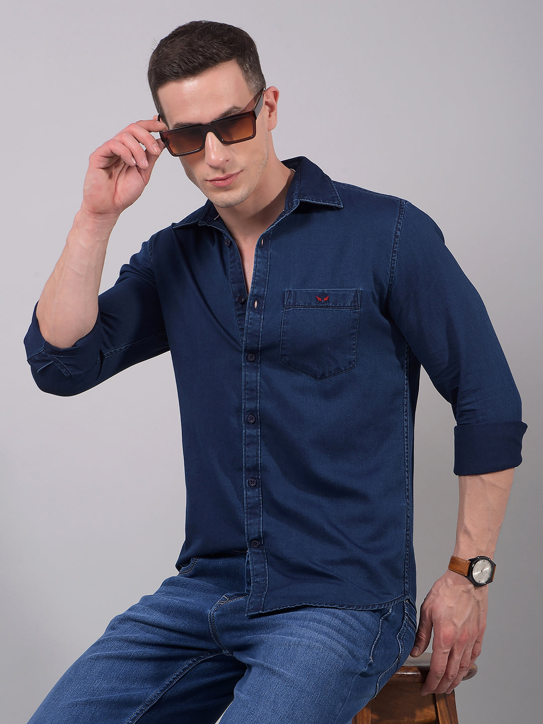 Navy Blue 100% Cotton Shirt-Men Shirts-Crimsoune Club