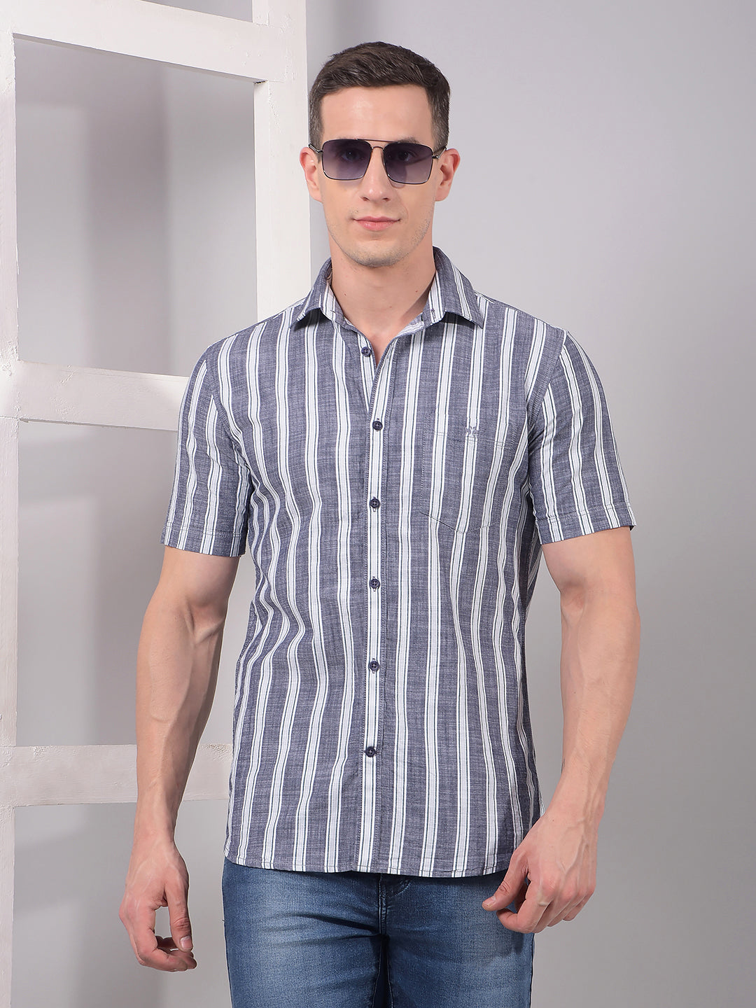 Blue Vertical Stripes 100% Cotton Shirt-Men Shirts-Crimsoune Club