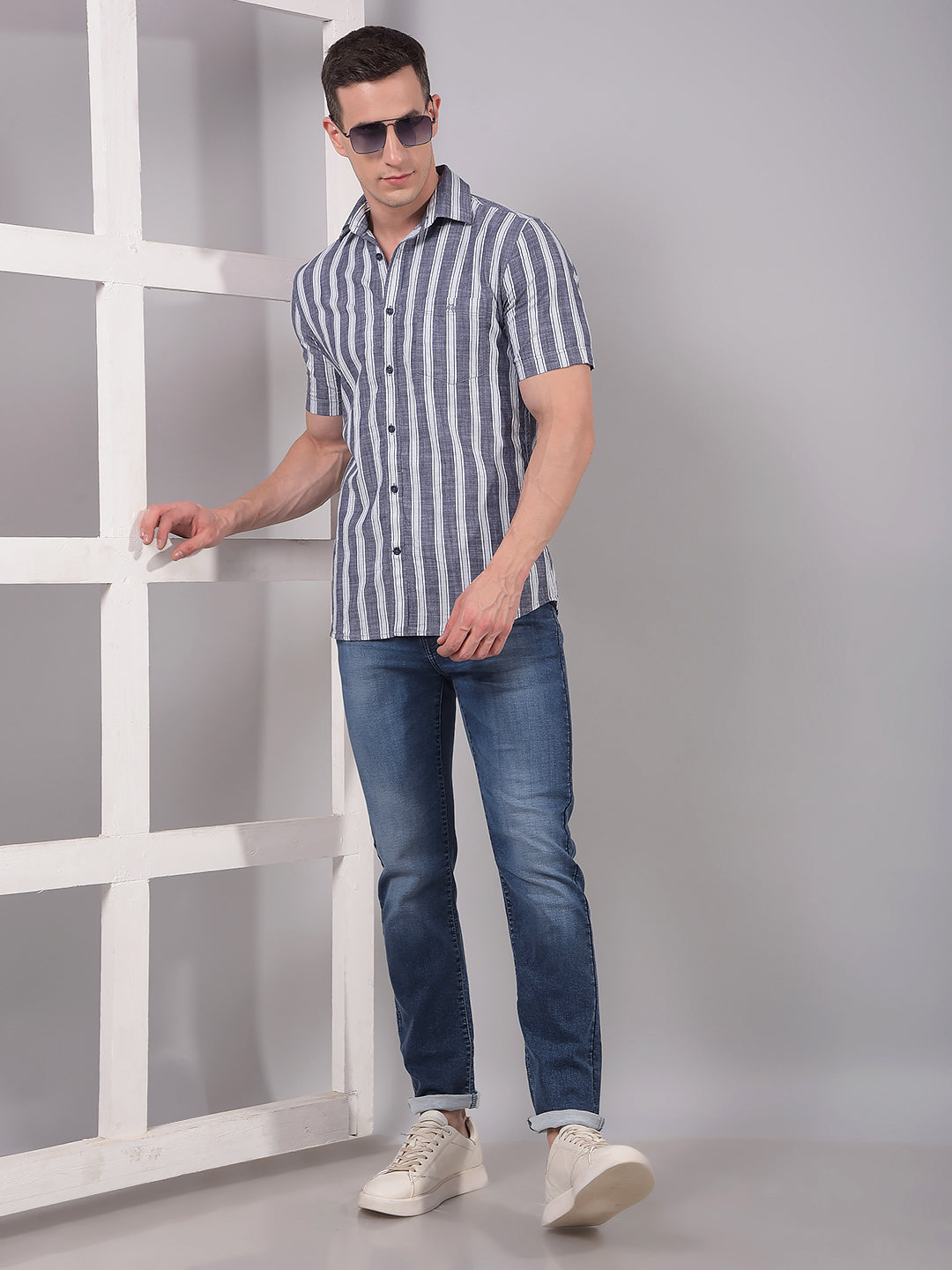 Blue Vertical Stripes 100% Cotton Shirt-Men Shirts-Crimsoune Club