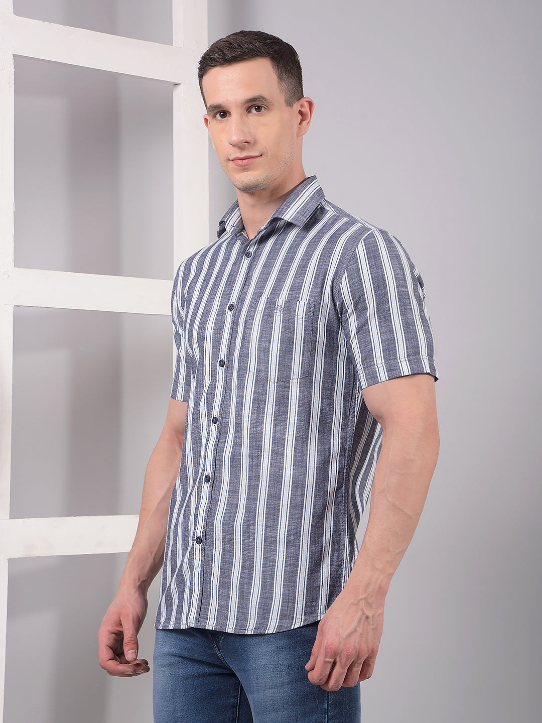 Blue Vertical Stripes 100% Cotton Shirt-Men Shirts-Crimsoune Club