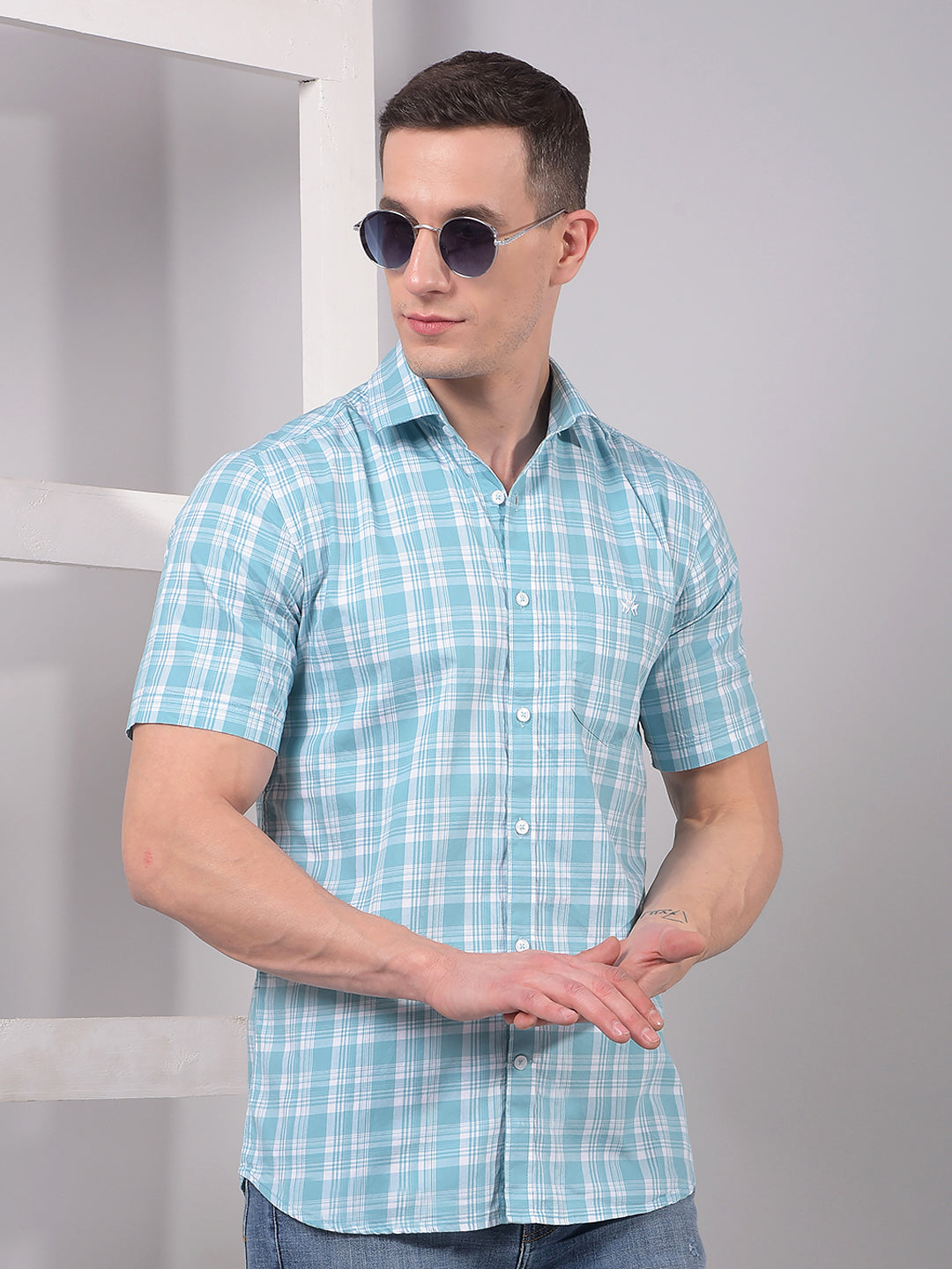 Blue Checked 100% Cotton Shirt-Men Shirts-Crimsoune Club