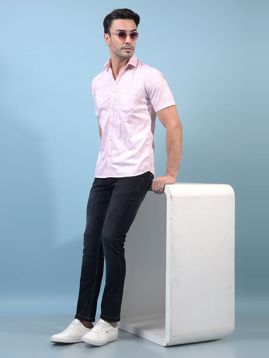 Men's Pink Checked 100% Cotton Shirt-Men Shirts-Crimsoune Club