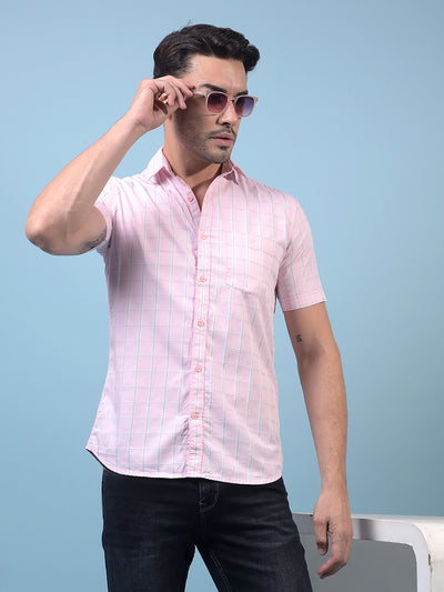 Men's Pink Checked 100% Cotton Shirt-Men Shirts-Crimsoune Club