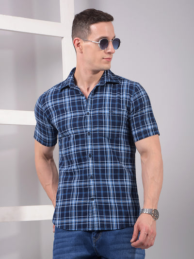 Blue Checked 100% Cotton Shirt-Men Shirts-Crimsoune Club