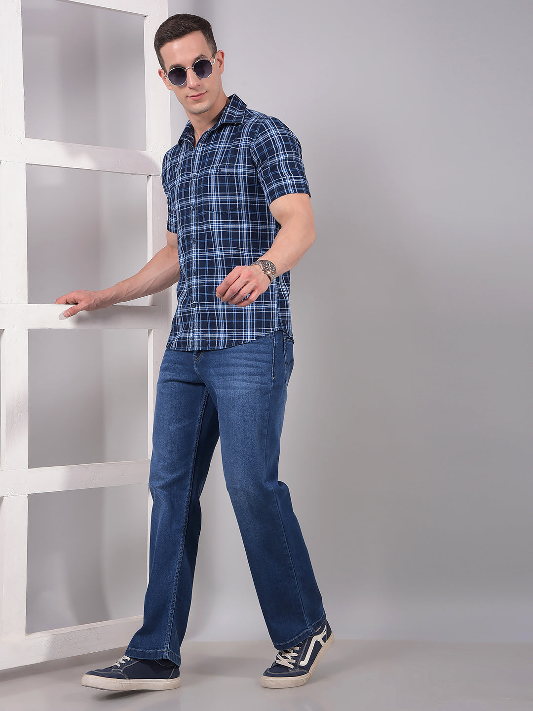 Blue Checked 100% Cotton Shirt-Men Shirts-Crimsoune Club