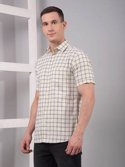 Beige Checked 100% Cotton Shirt-Men Shirts-Crimsoune Club