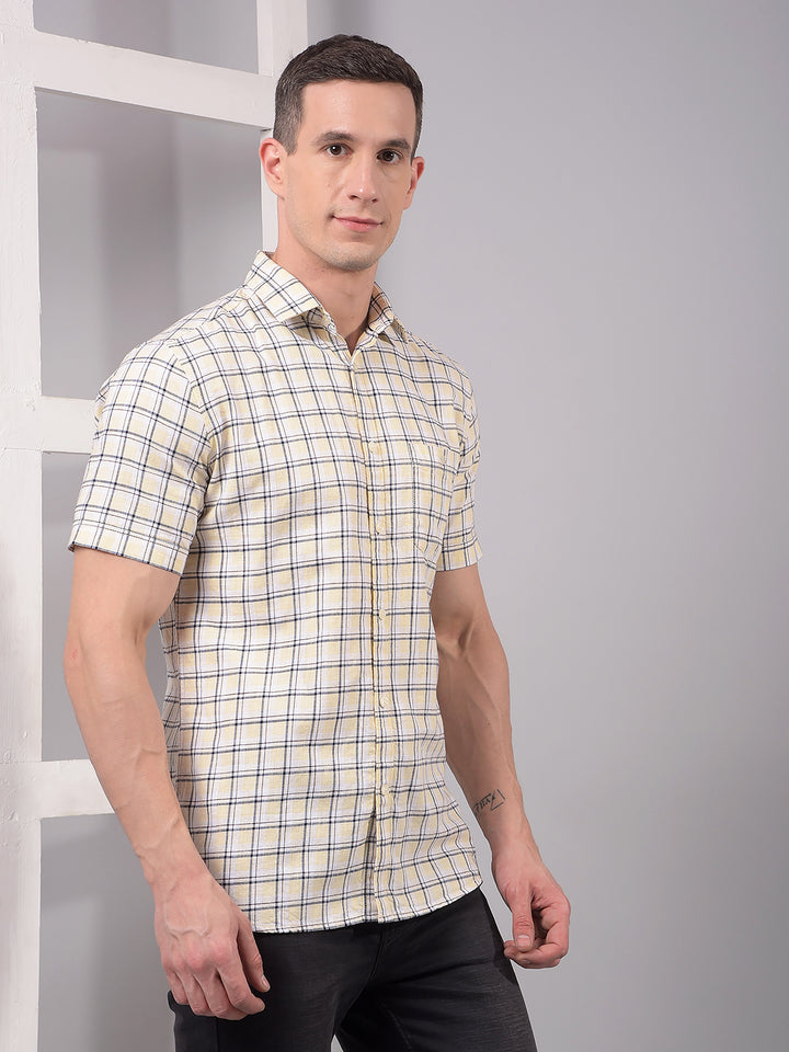 Beige Checked 100% Cotton Shirt-Men Shirts-Crimsoune Club