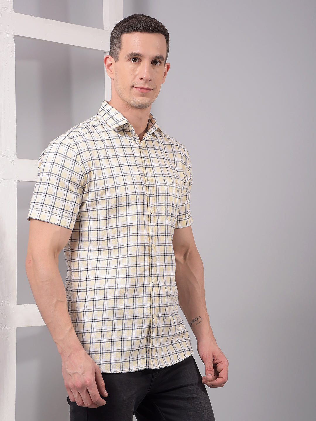 Beige Checked 100% Cotton Shirt-Men Shirts-Crimsoune Club