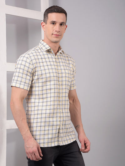 Beige Checked 100% Cotton Shirt-Men Shirts-Crimsoune Club