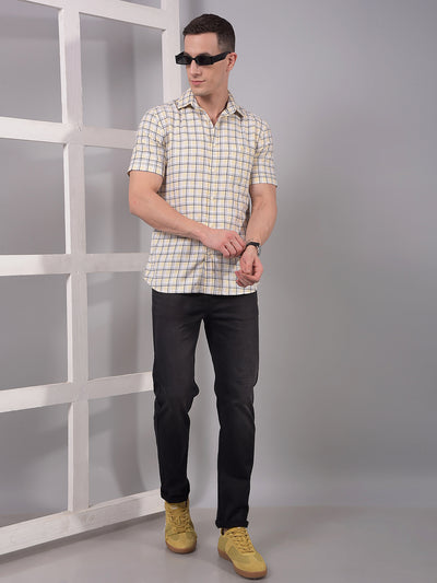 Beige Checked 100% Cotton Shirt-Men Shirts-Crimsoune Club