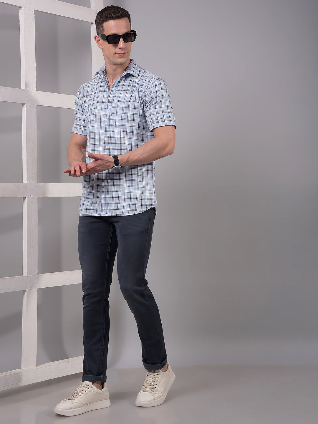 Blue Checked 100% Cotton Shirt-Men Shirts-Crimsoune Club