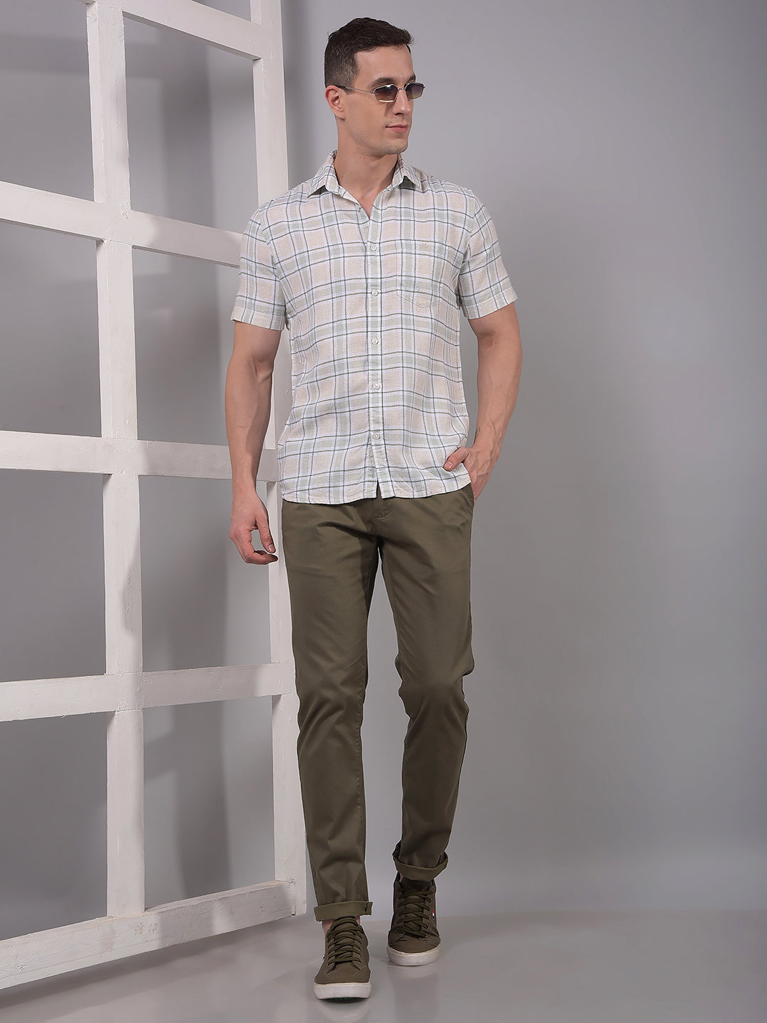 Green Checked Linen Shirt-Men Shirts-Crimsoune Club