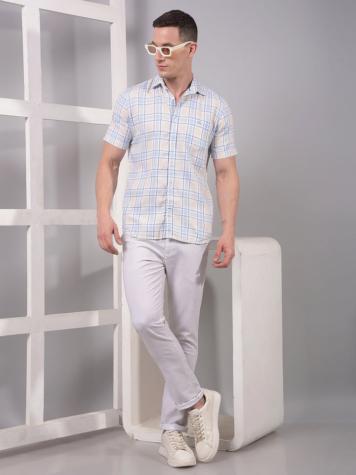 Blue Checked Linen Shirt-Men Shirts-Crimsoune Club