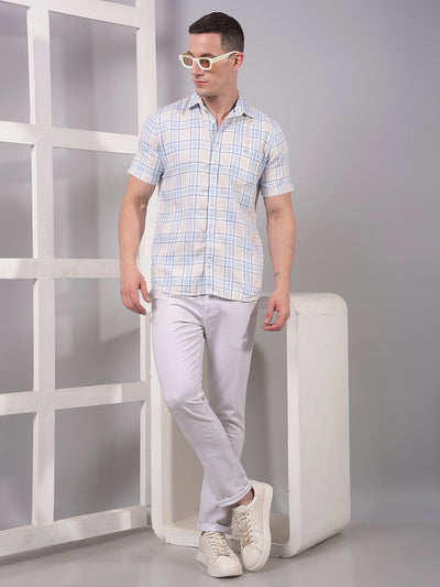 Blue Checked Linen Shirt-Men Shirts-Crimsoune Club