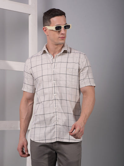 Beige Checked 100% Cotton Shirt-Men Shirts-Crimsoune Club
