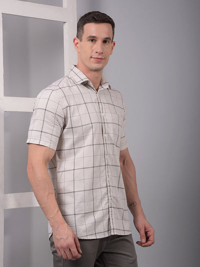 Beige Checked 100% Cotton Shirt-Men Shirts-Crimsoune Club