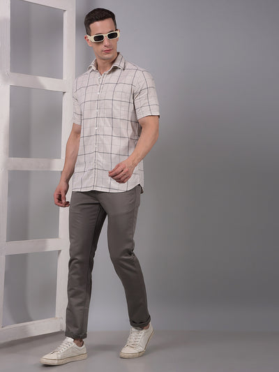 Beige Checked 100% Cotton Shirt-Men Shirts-Crimsoune Club