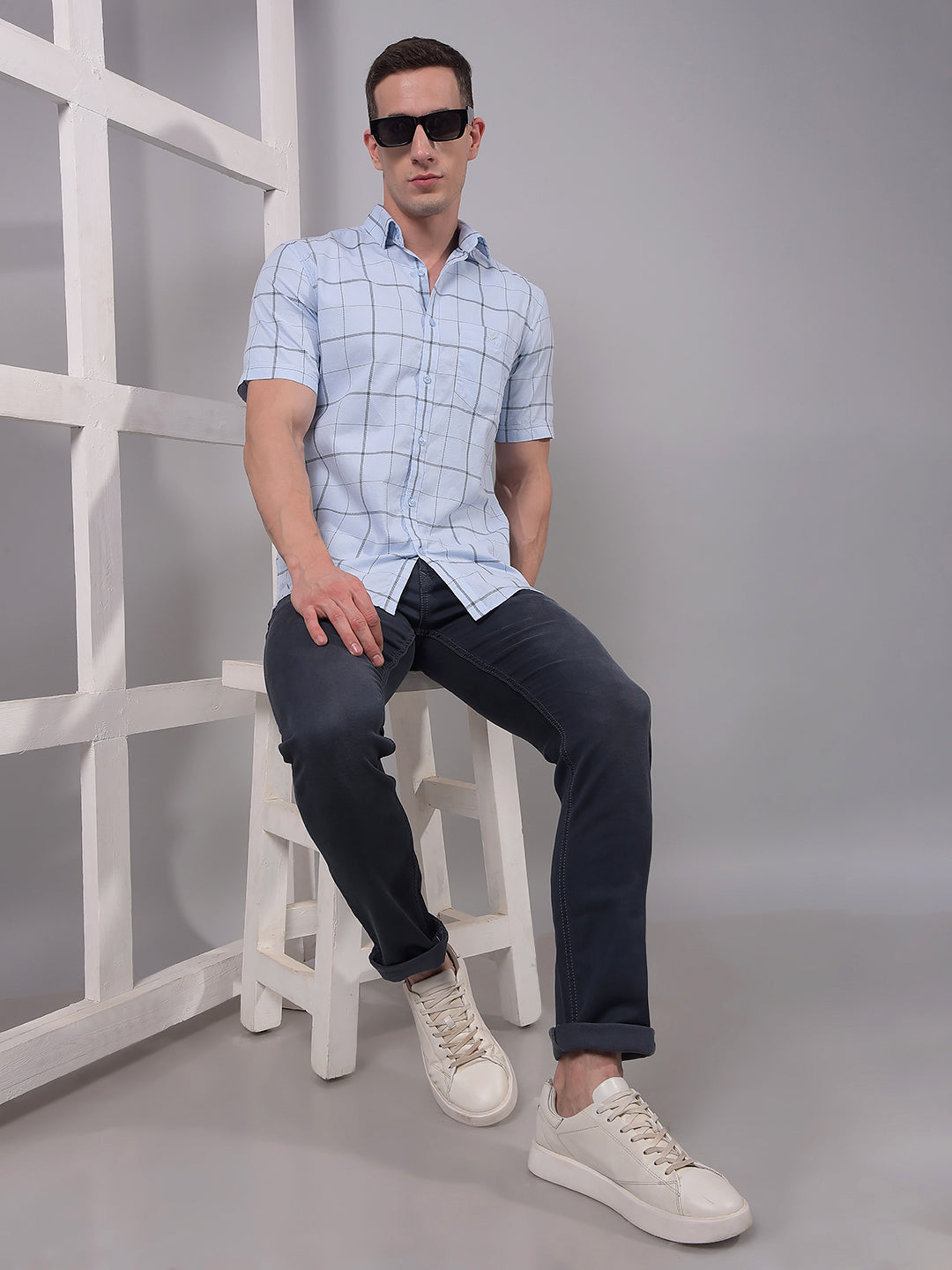 Blue Checked 100% Cotton Shirt-Men Shirts-Crimsoune Club