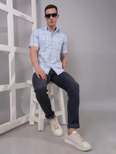 Blue Checked 100% Cotton Shirt-Men Shirts-Crimsoune Club