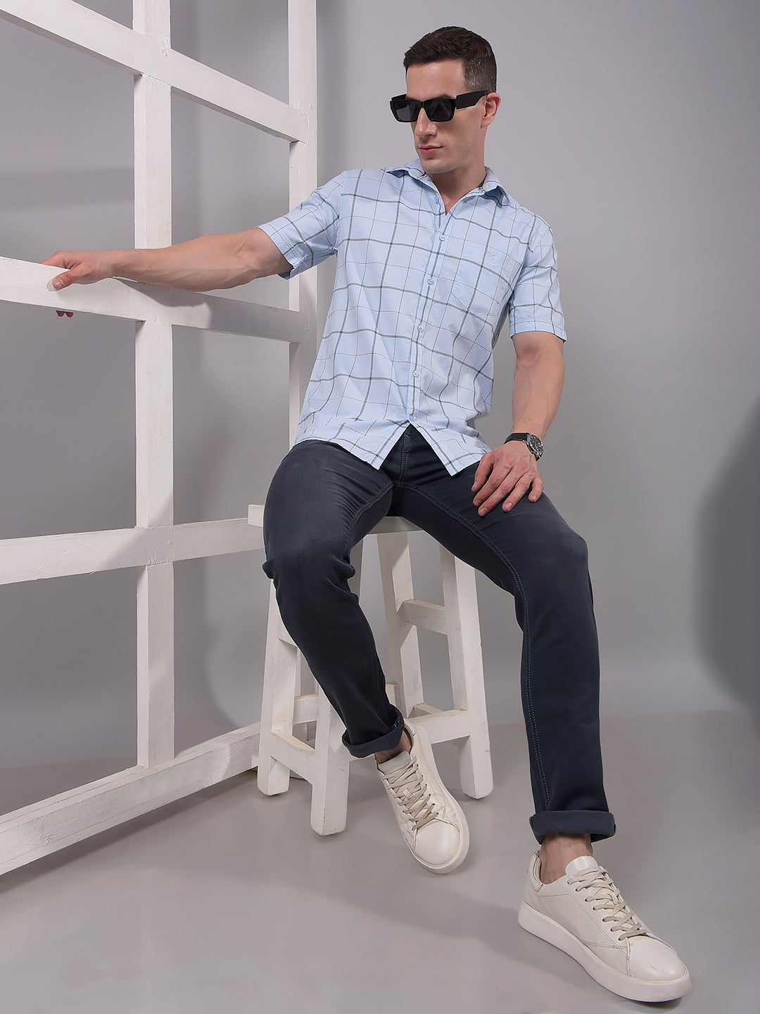Blue Checked 100% Cotton Shirt-Men Shirts-Crimsoune Club