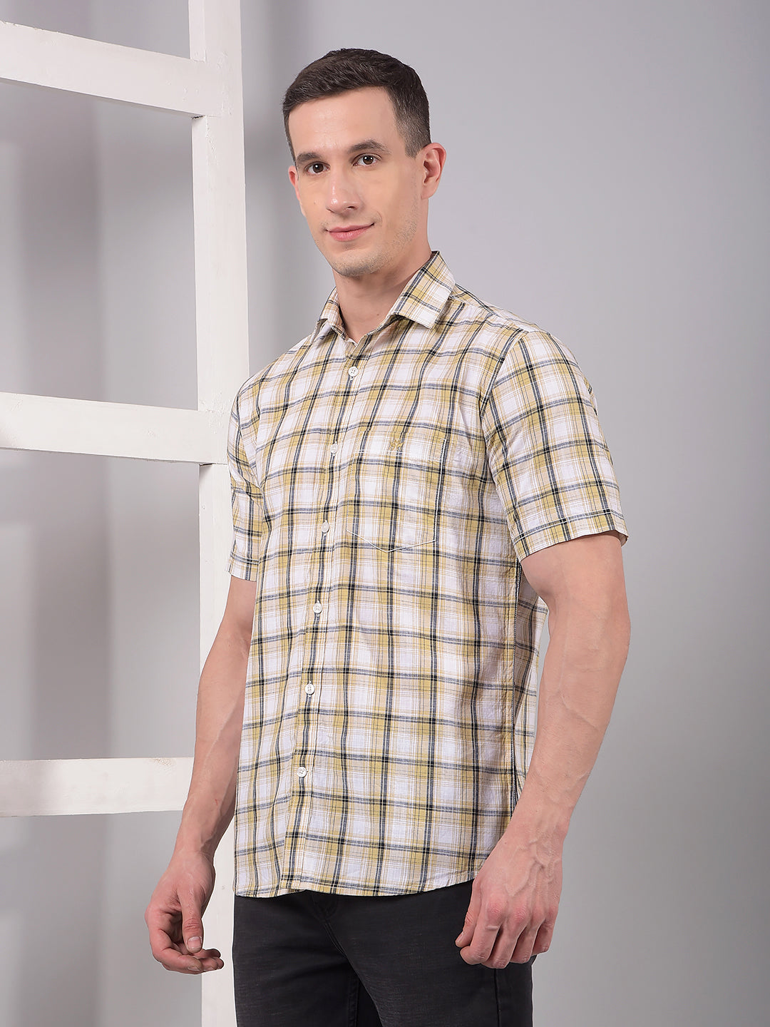 Beige Checked 100% Cotton Shirt-Men Shirts-Crimsoune Club