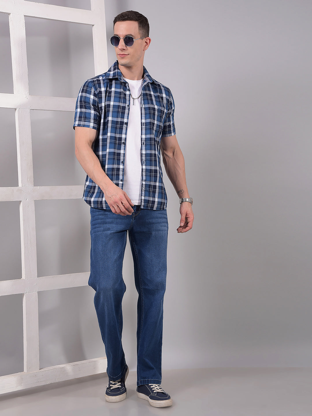 Blue Checked 100% Cotton Shirt-Men Shirts-Crimsoune Club